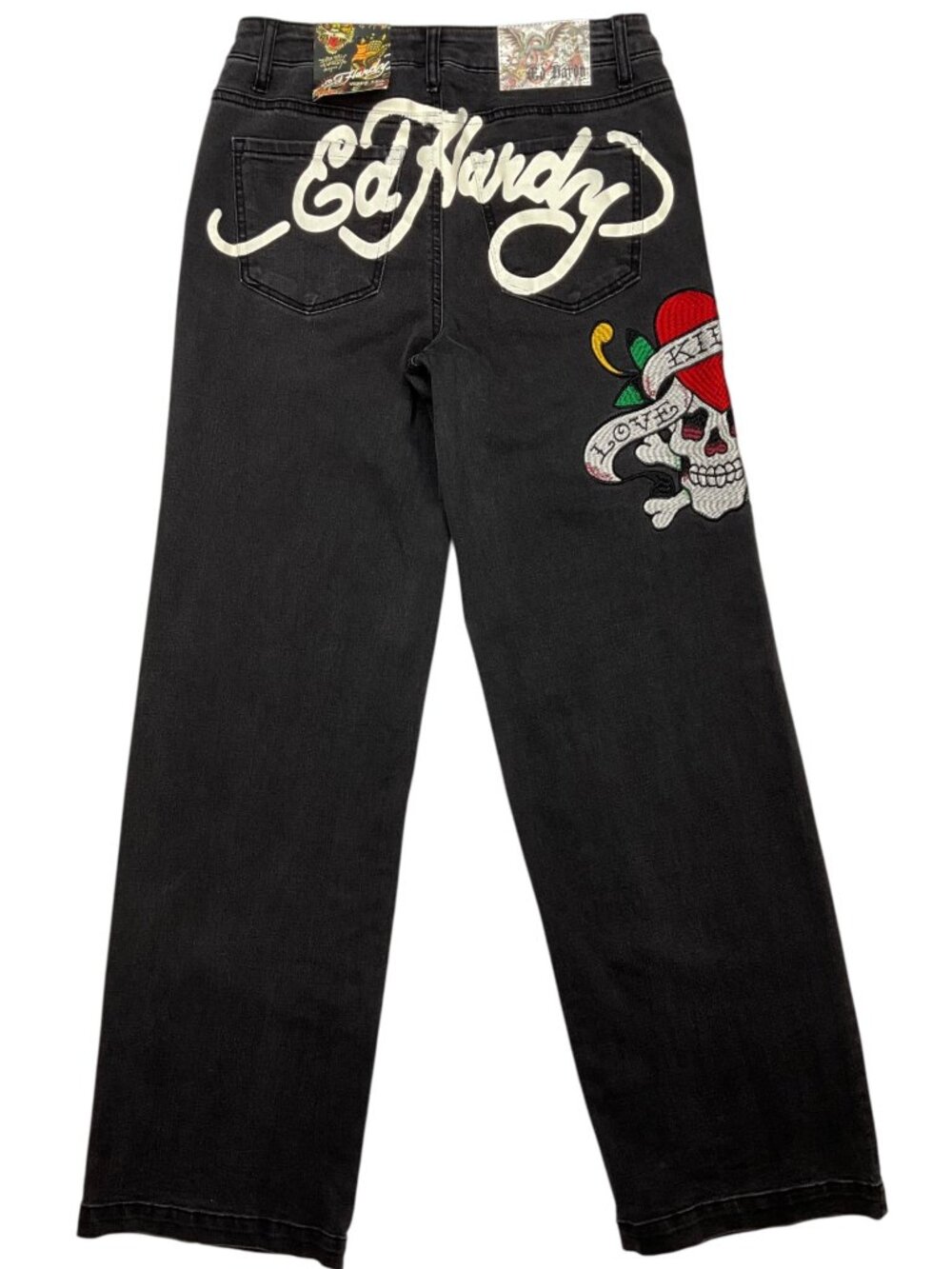 Ed Hardy Women's LKS Skull Wide Leg Jean 26 Faded Black Embroidered Y2K NEW